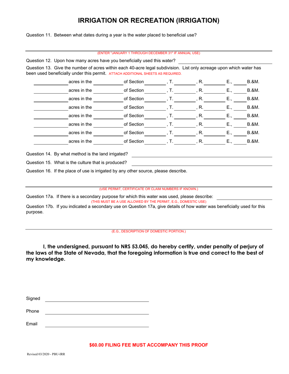 Proof of Application of Water to Beneficial Use for Irrigation or Recreation (Irrigation) Purposes - Nevada, Page 2