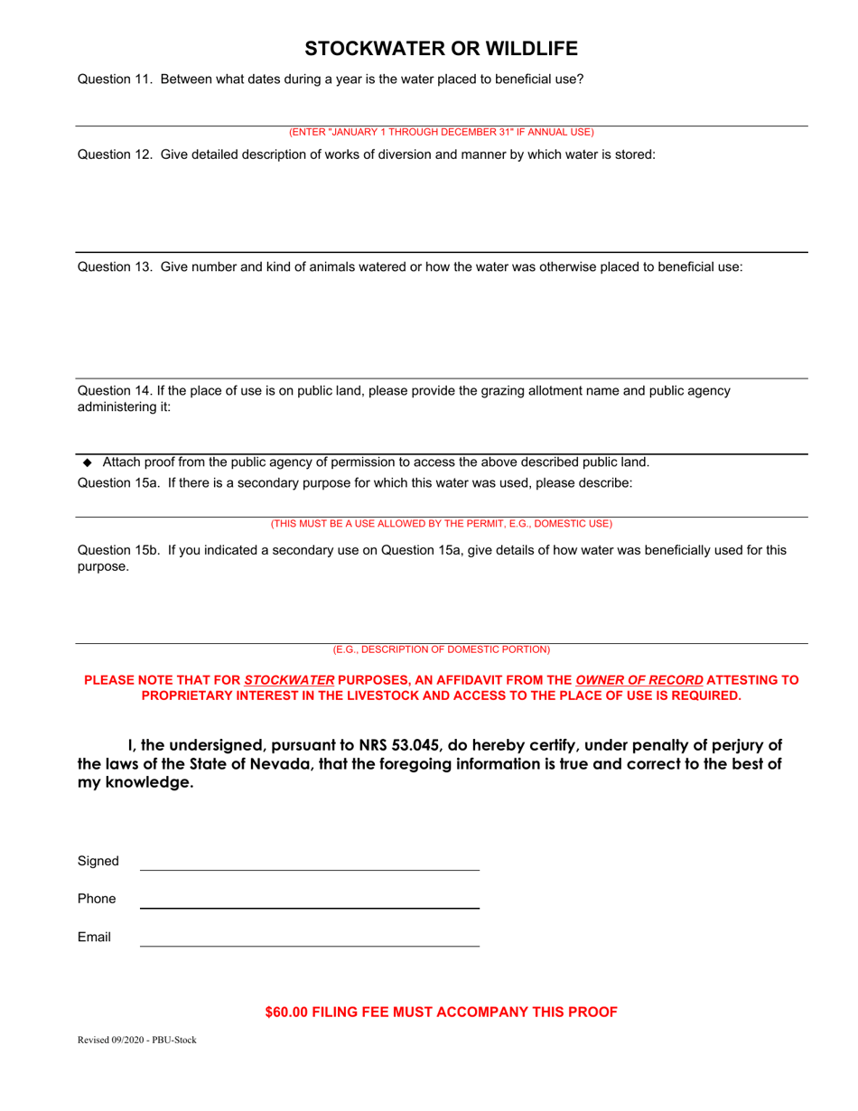 Proof of Application of Water to Beneficial Use for Stockwater or Wildlife Purposes - Nevada, Page 2