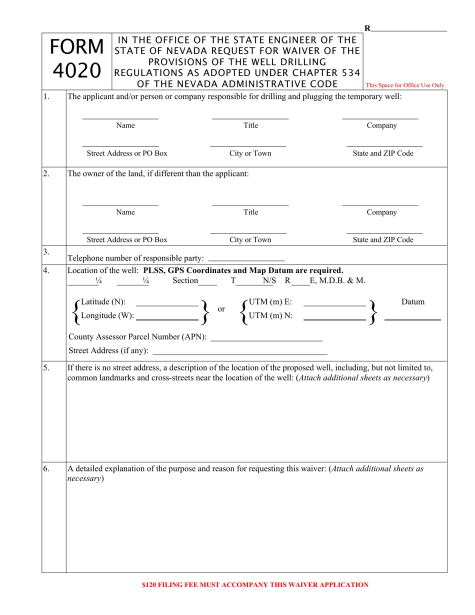 Form 4020 Request for Waiver of the Provisions of the Well Drilling Regulations as Adopted Under Chapter 534 of the Nevada Administrative Code - Nevada, Page 1