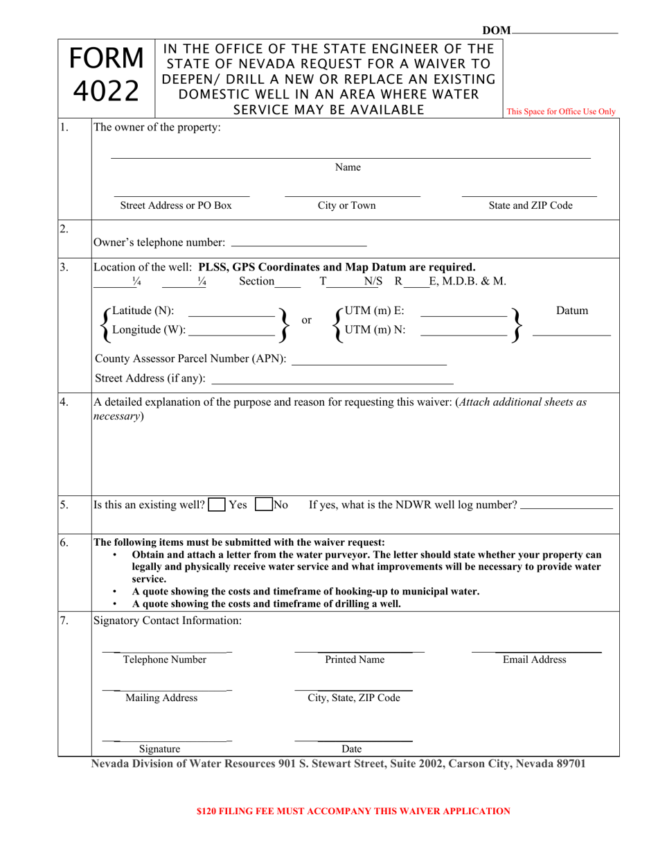 Form 4022 Request for a Waiver to Deepen / Drill a New or Replace an Existing Domestic Well in an Area Where Water Service May Be Available - Nevada, Page 1