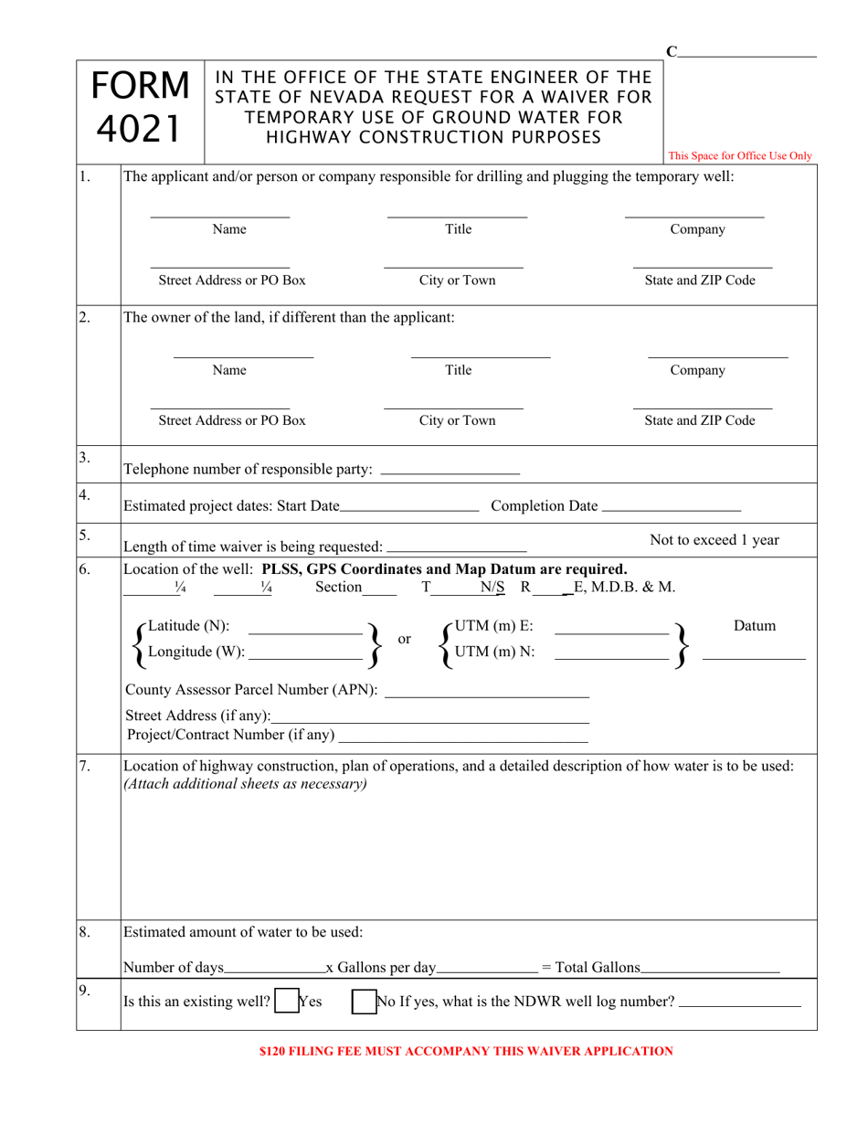 Form 4021 Request for a Waiver for Temporary Use of Ground Water for Highway Construction Purposes - Nevada, Page 1