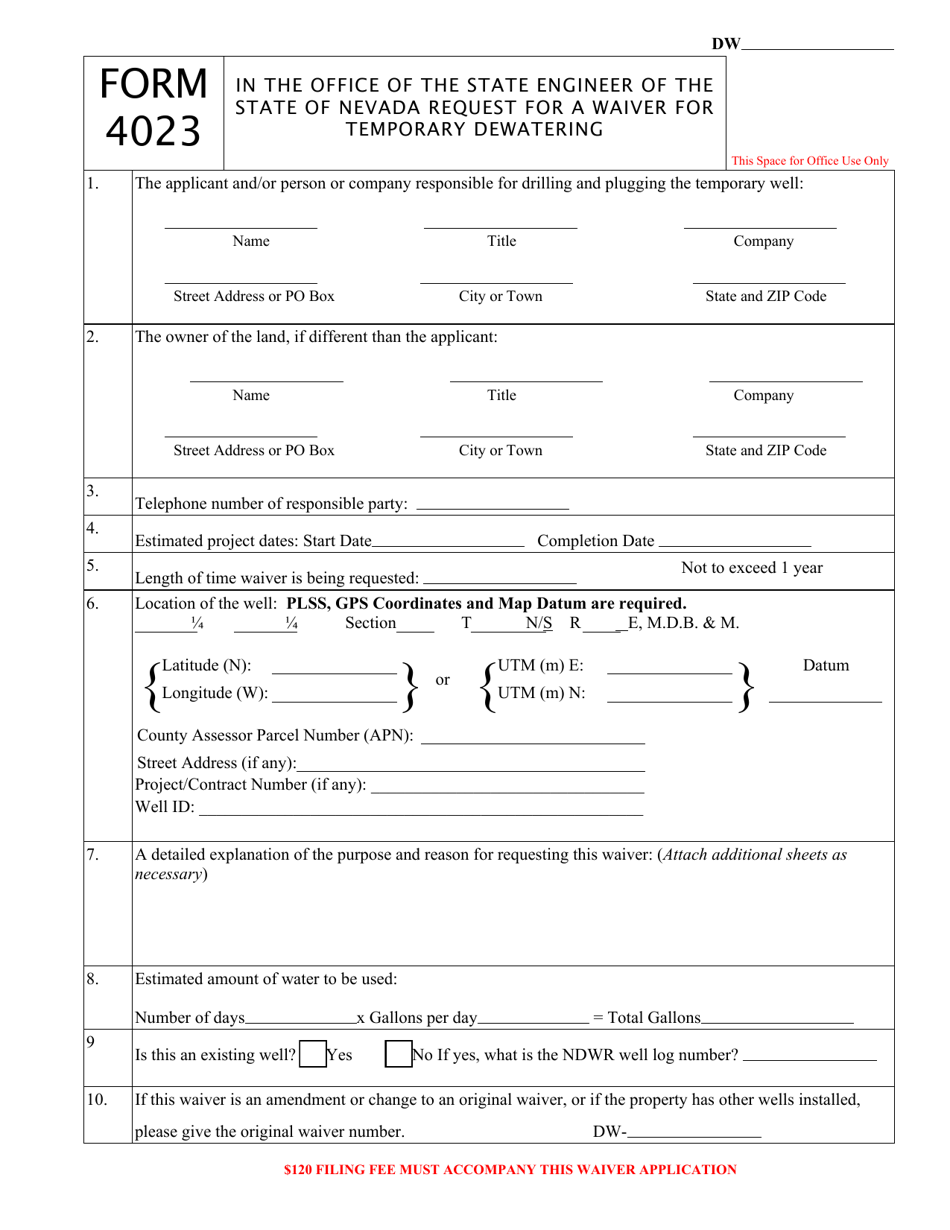 Form 4023 Request for a Waiver for Temporary Dewatering - Nevada, Page 1