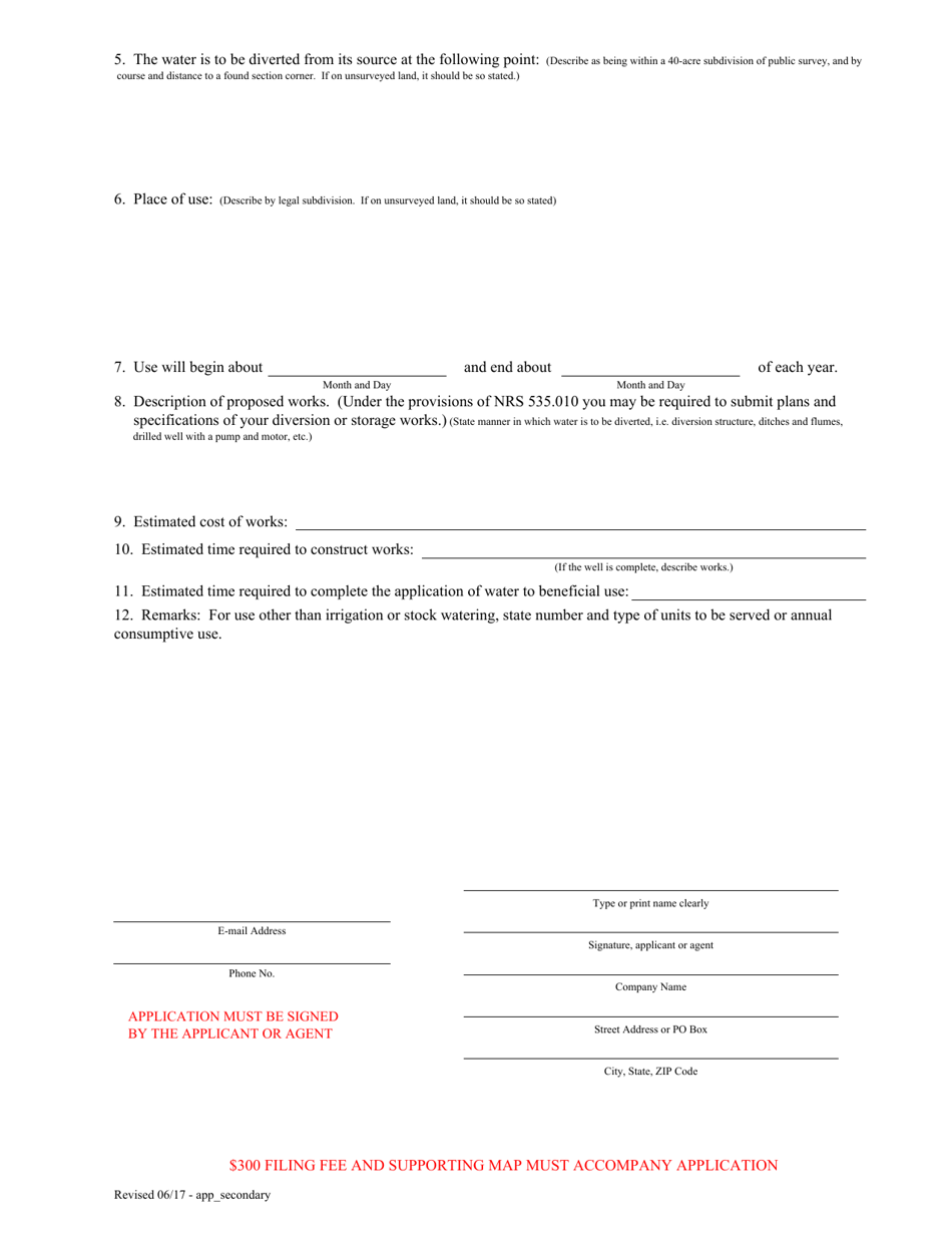 Secondary Application for Permit to Appropriate the Public Waters of the State of Nevada - Nevada, Page 2