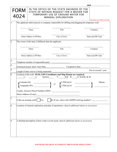 Form 4024 Request for a Waiver for Temporary Use of Ground Water for Mineral Exploration - Nevada