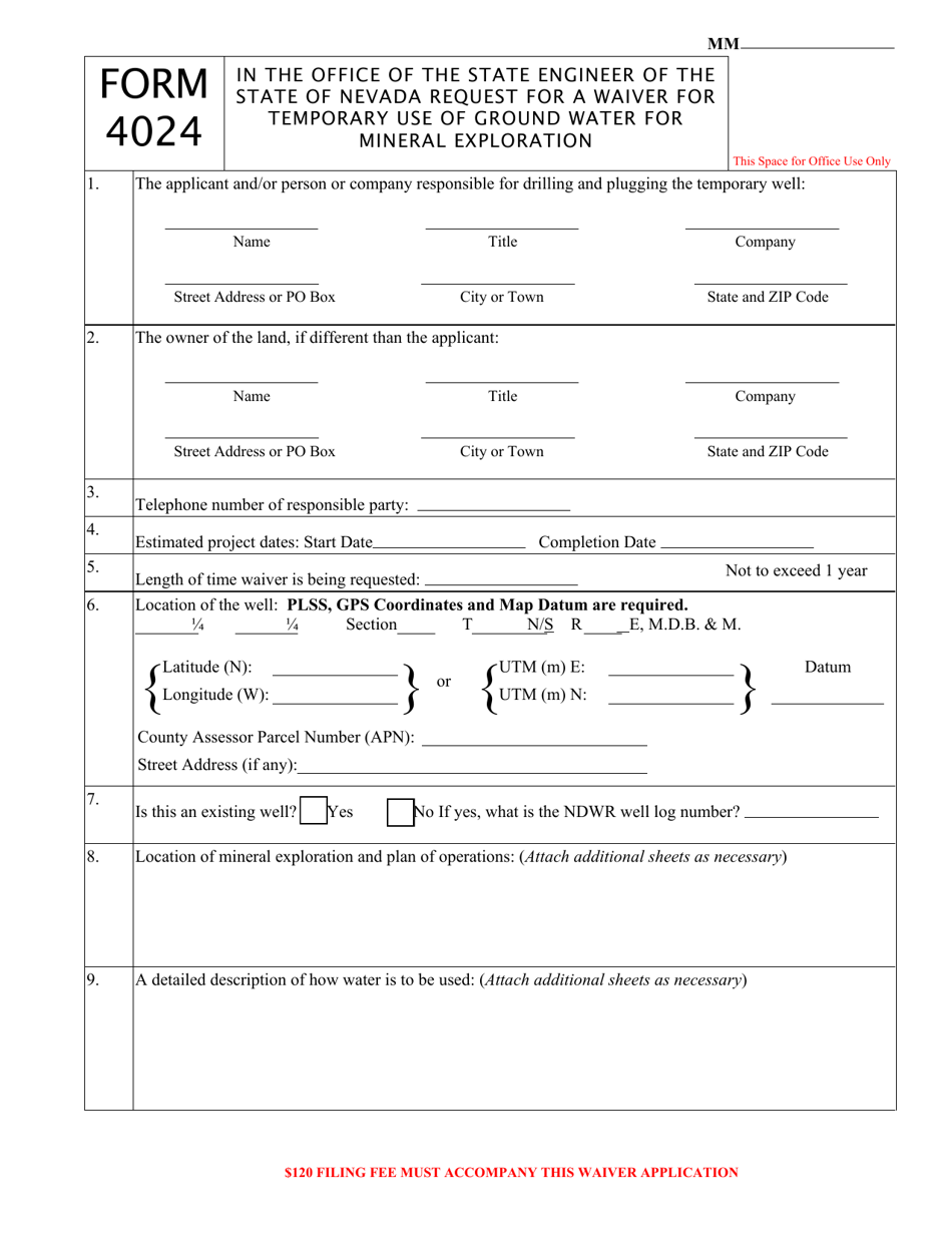 Form 4024 Request for a Waiver for Temporary Use of Ground Water for Mineral Exploration - Nevada, Page 1
