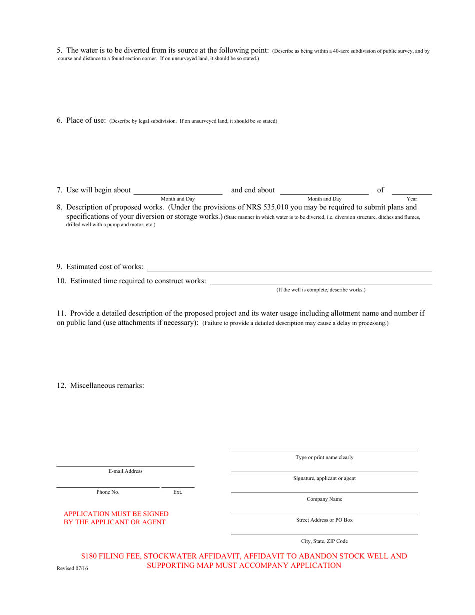 Temporary Application for Permit to Appropriate the Public Waters of the State of Nevada to Water Livestock Under Declaration of Drought Per Nrs 533.504 - Nevada, Page 2