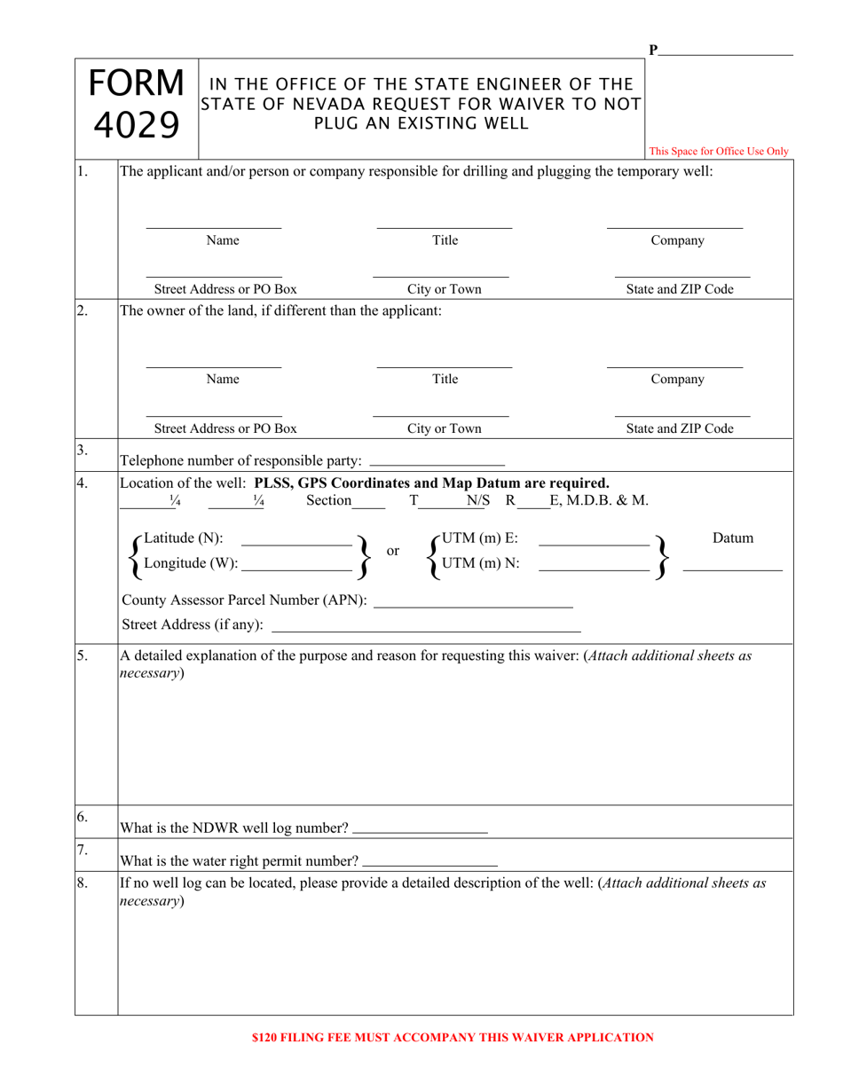 Form 4029 Request for Waiver to Not Plug an Existing Well - Nevada, Page 1