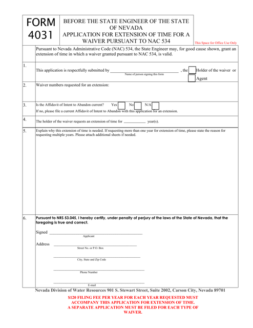 Form 4031 Application for Extension of Time for a Waiver Pursuant to Nac 534 - Nevada