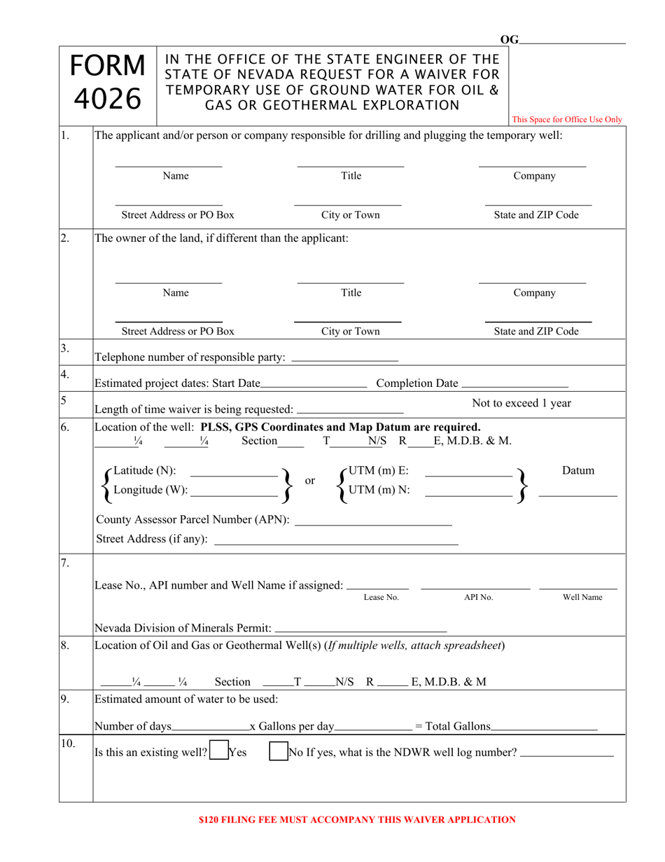 Form 4026 Request for a Waiver for Temporary Use of Ground Water for Oil  Gas or Geothermal Exploration - Nevada, Page 1