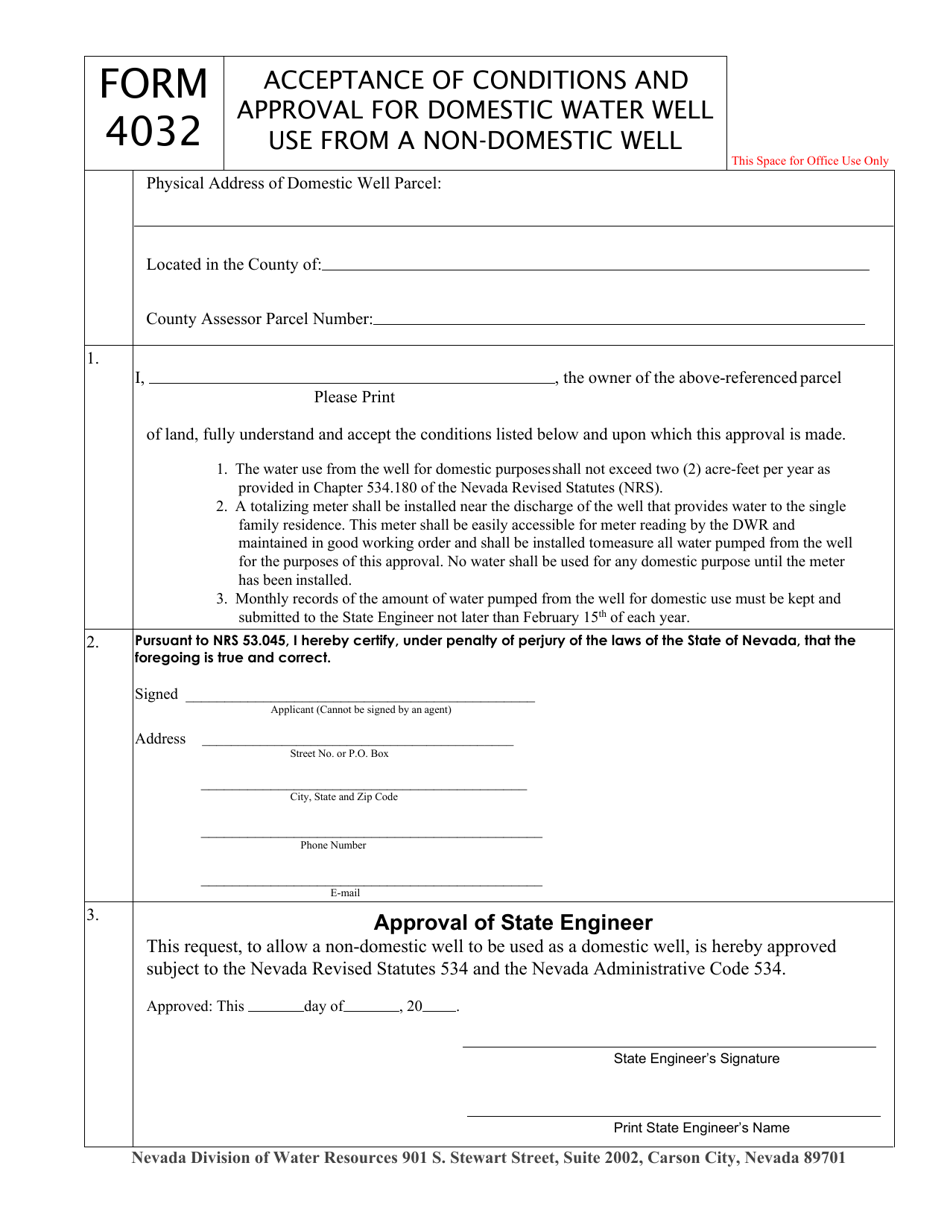 Form 4032 Acceptance of Conditions and Approval for Domestic Water Well Use From a Non-domestic Well - Nevada, Page 1