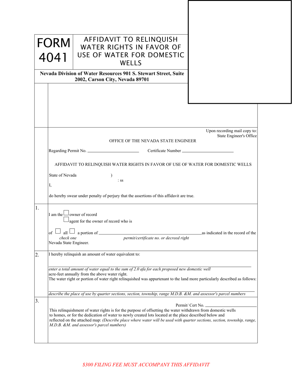 Form 4041 Affidavit to Relinquish Water Rights in Favor of Use of Water for Domestic Wells - Nevada, Page 1