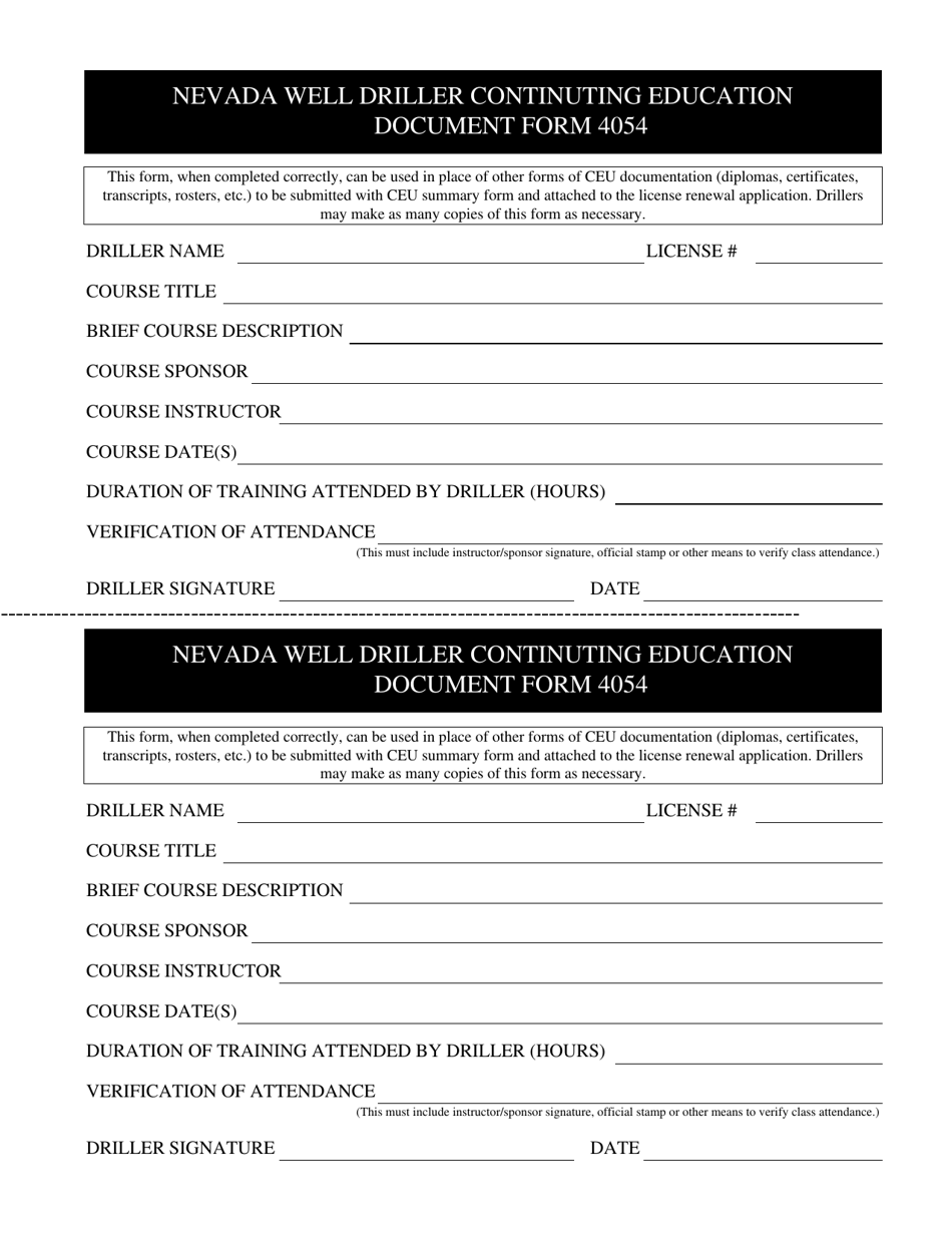 Form 4054 Nevada Well Driller Continuting Education Documentation Form - Nevada, Page 1