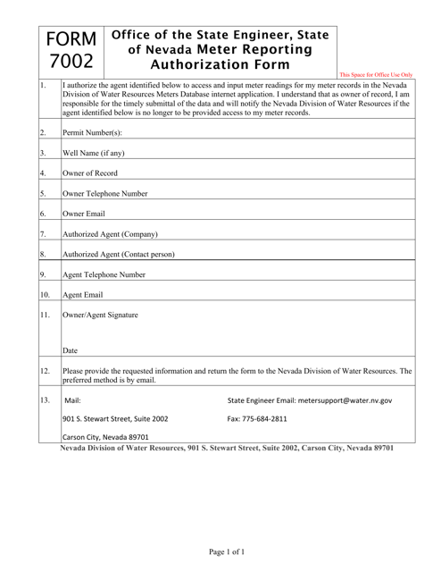 Form 7002 Meter Reporting Authorization Form - Nevada