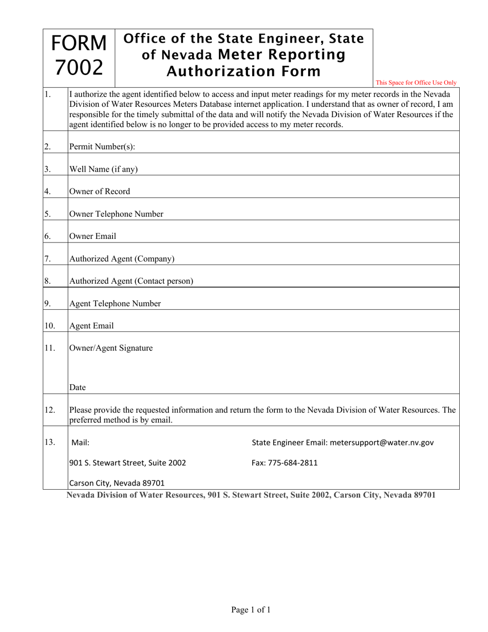 Form 7002 Meter Reporting Authorization Form - Nevada, Page 1