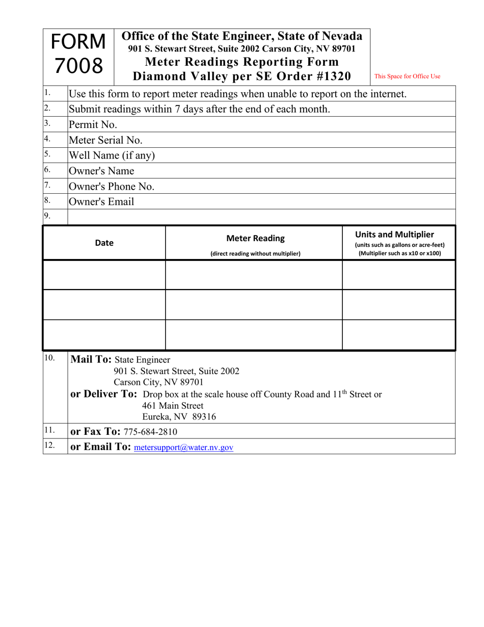 Form 7008 Meter Readings Reporting Form - Diamond Valley - Nevada, Page 1