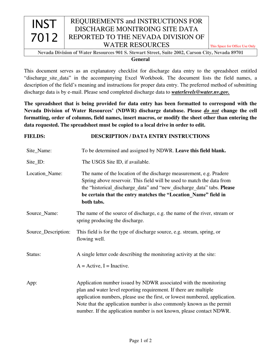 Form 7012 Requirements and Instructions for Discharge Monitroing Site Data Reported to the Nevada Division of Water Resources - Nevada, Page 1