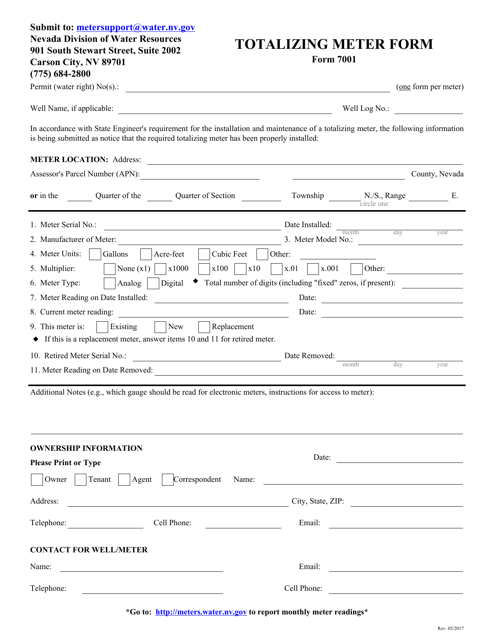 Document preview: Form 7001 Totalizing Meter Form - Nevada