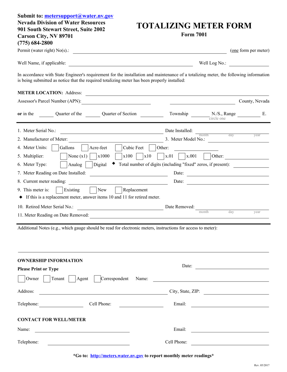 Form 7001 Totalizing Meter Form - Nevada, Page 1