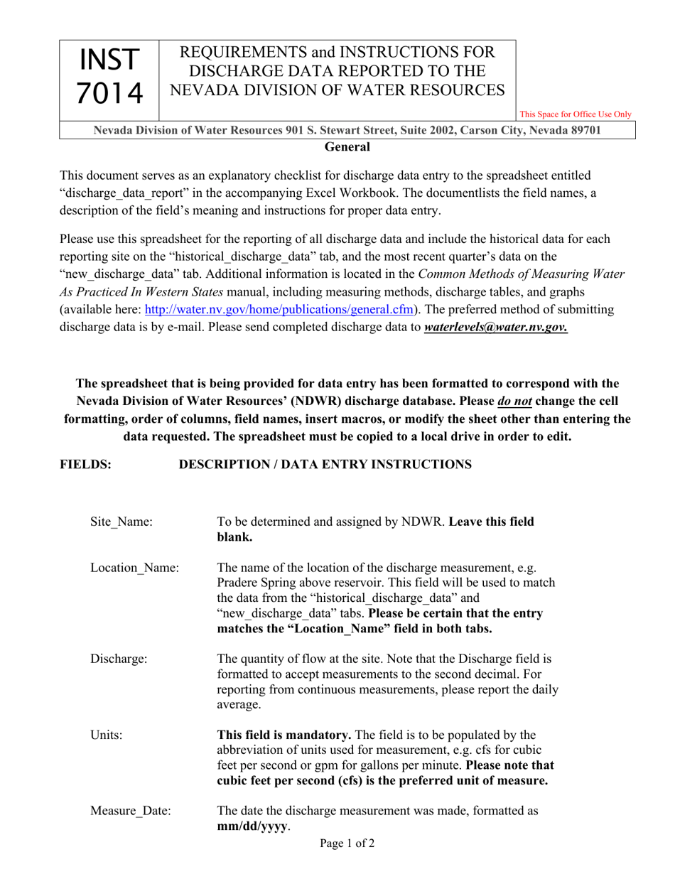 Instructions for Form 7014 Stream and Spring Flow Data Report - Nevada, Page 1