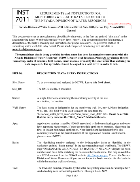 Form 7011 Requirements and Instructions for Monitoring Well Site Data Reported to the Nevada Division of Water Resources - Nevada