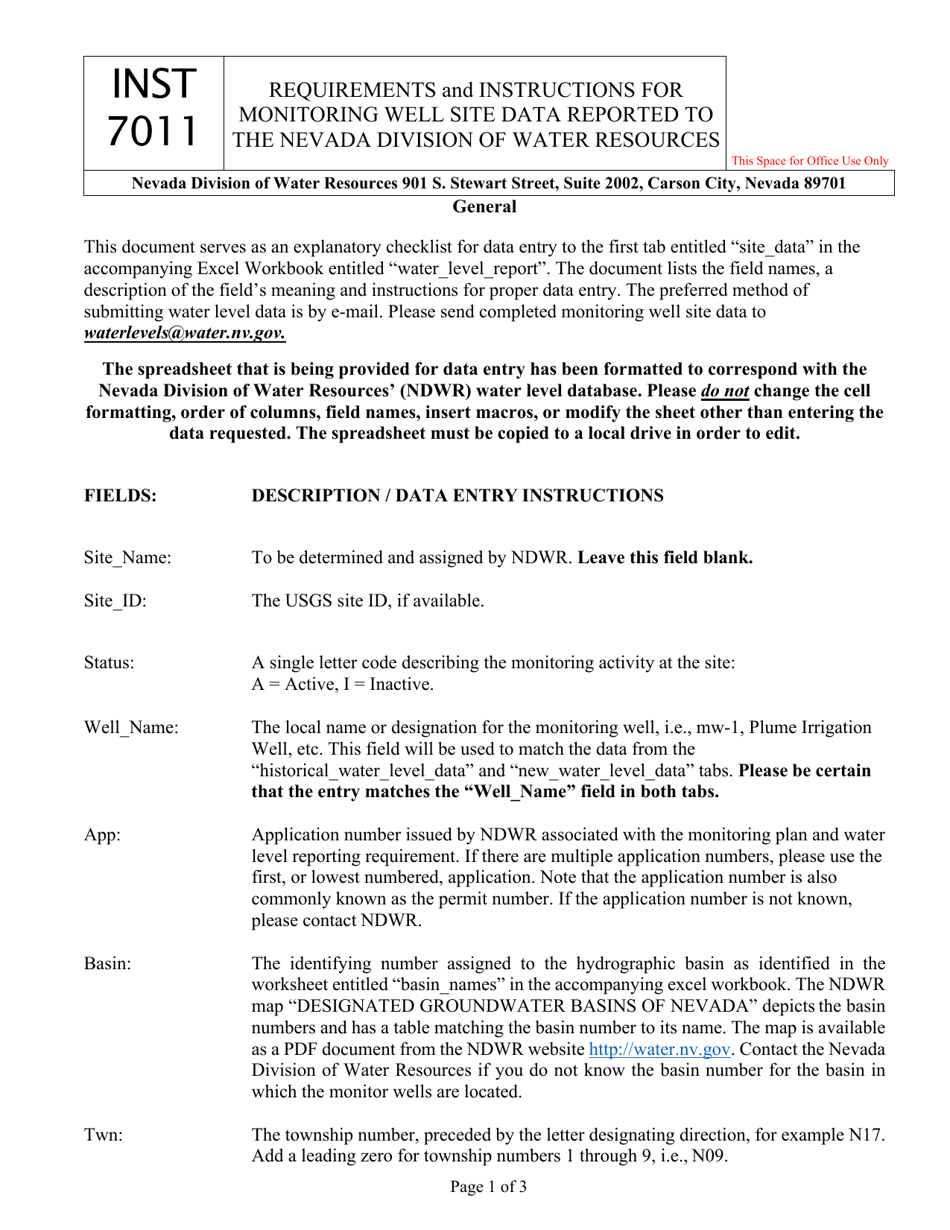 Form 7011 Requirements and Instructions for Monitoring Well Site Data Reported to the Nevada Division of Water Resources - Nevada, Page 1