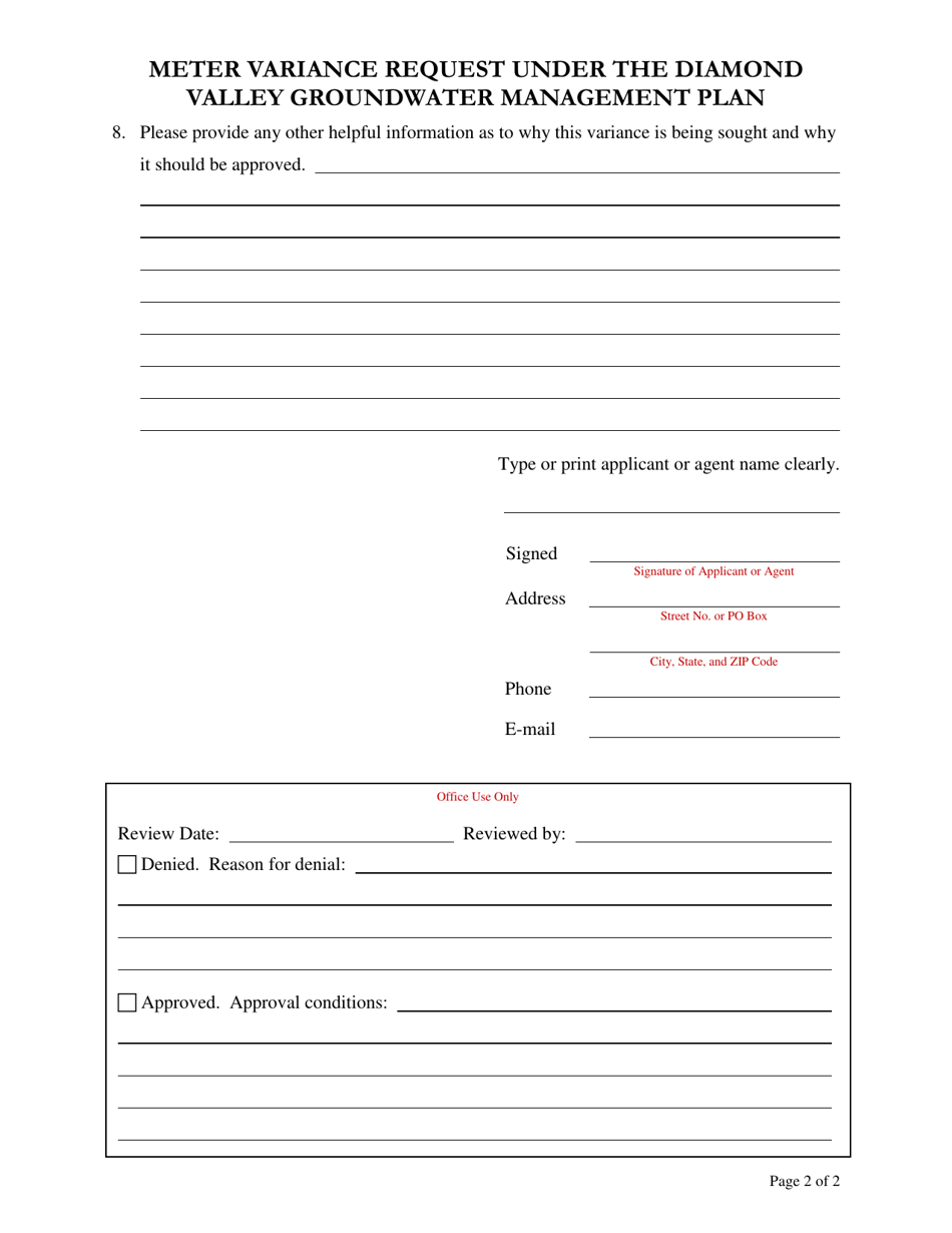 Meter Variance Request Under the Diamond Valley Groundwater Management Plan - Nevada, Page 2
