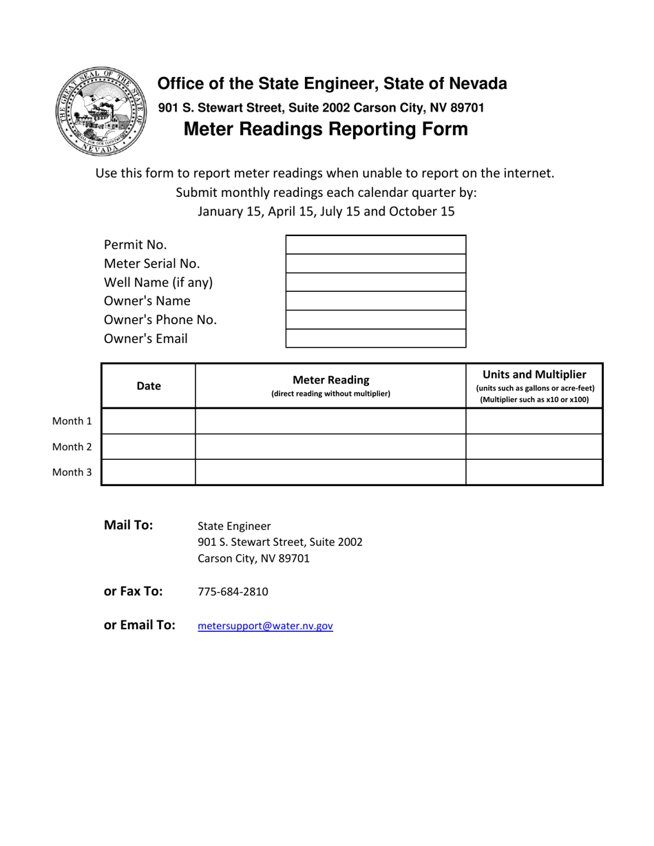 Meter Readings Reporting Form - Nevada, Page 1