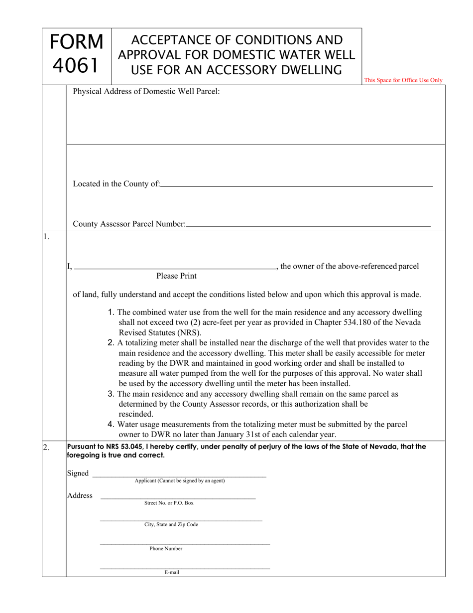 Form 4061 Acceptance of Conditions and Approval for Domestic Water Well Use for an Accessory Dwelling - Nevada, Page 1