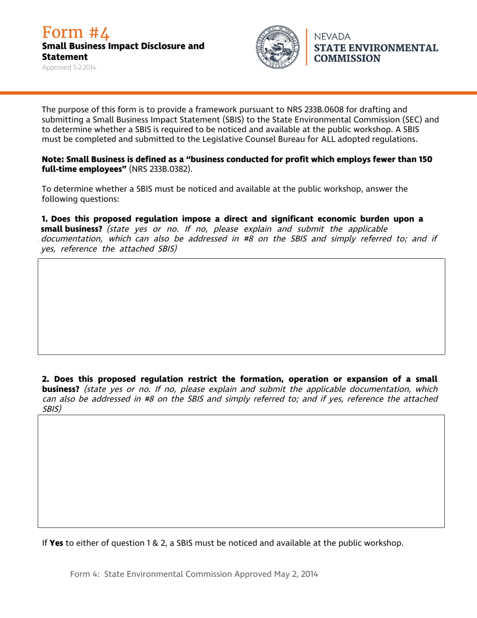 Form 4 Small Business Impact Disclosure and Statement - Nevada, Page 1