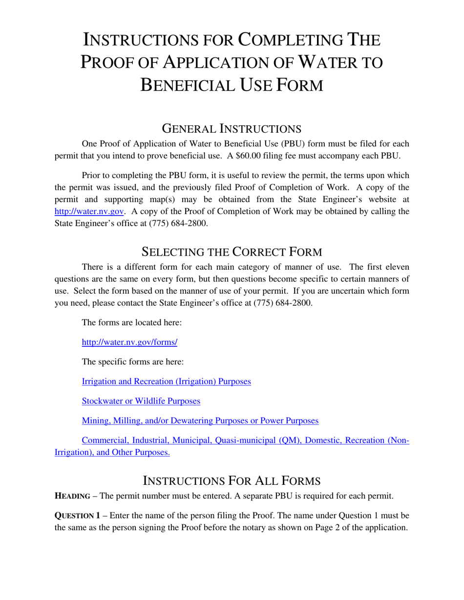Nevada Instructions For Completing The Proof Of Application Of Water To ...