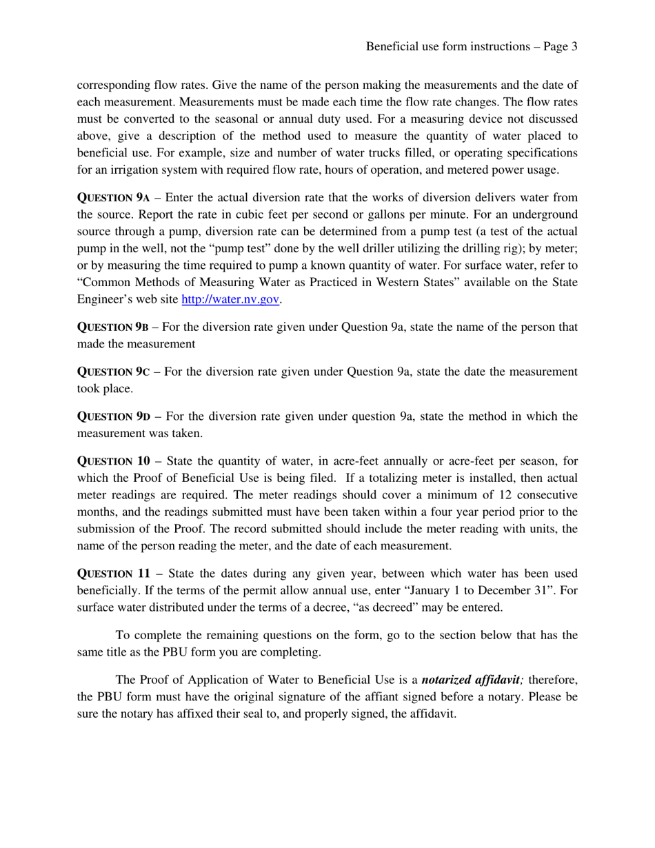 Instructions for Completing the Proof of Application of Water to Beneficial Use Form - Nevada, Page 3