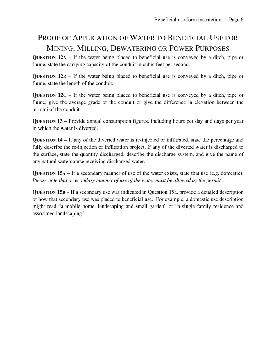 Instructions for Completing the Proof of Application of Water to Beneficial Use Form - Nevada, Page 6