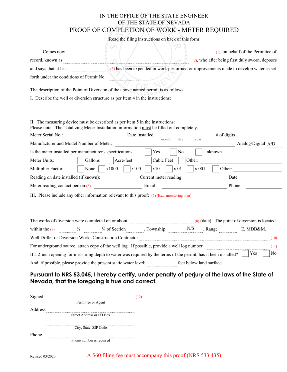 Proof of Completion of Work - Meter Required - Nevada, Page 1