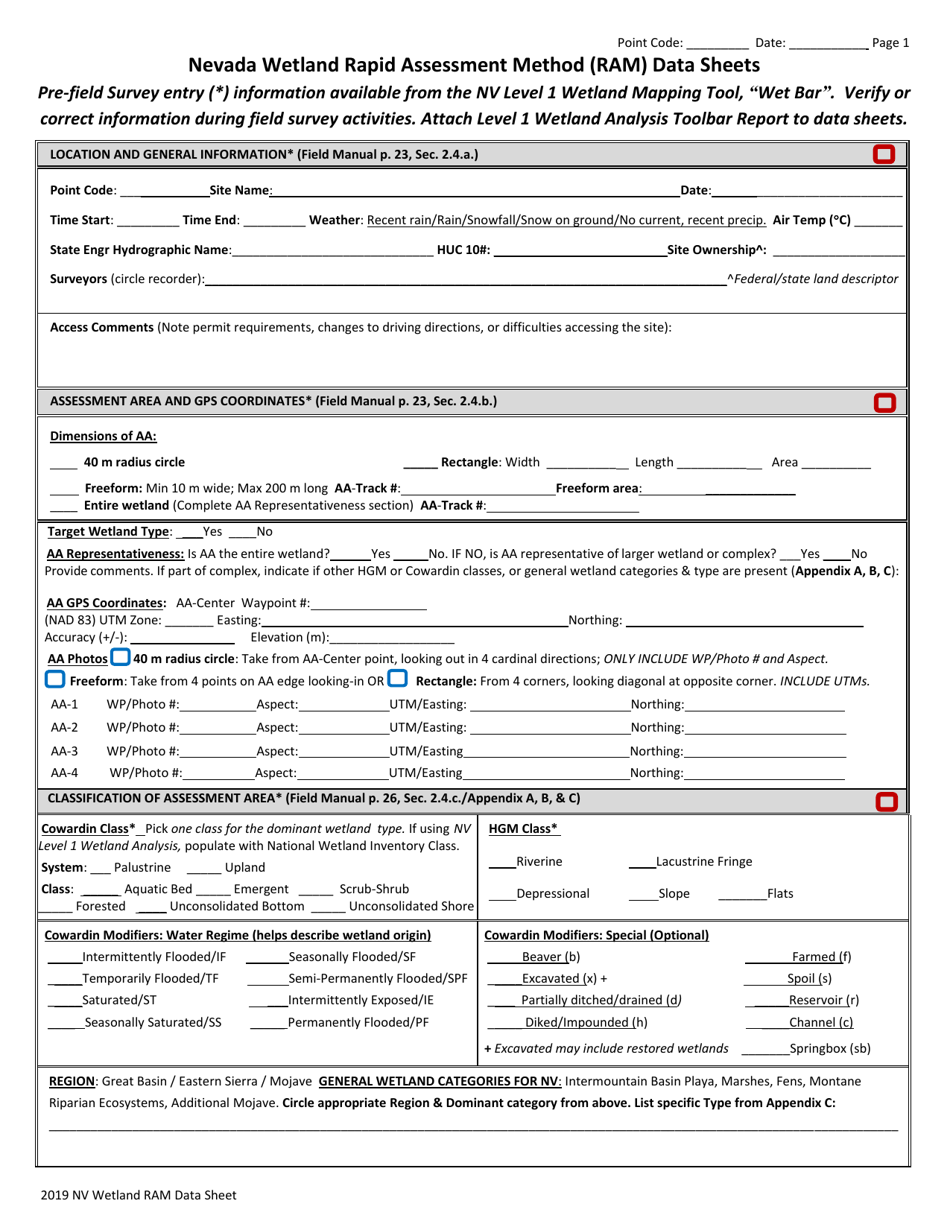Appendix I Nevada Wetland Rapid Assessment Method (Ram) Data Sheets - Nevada, Page 2