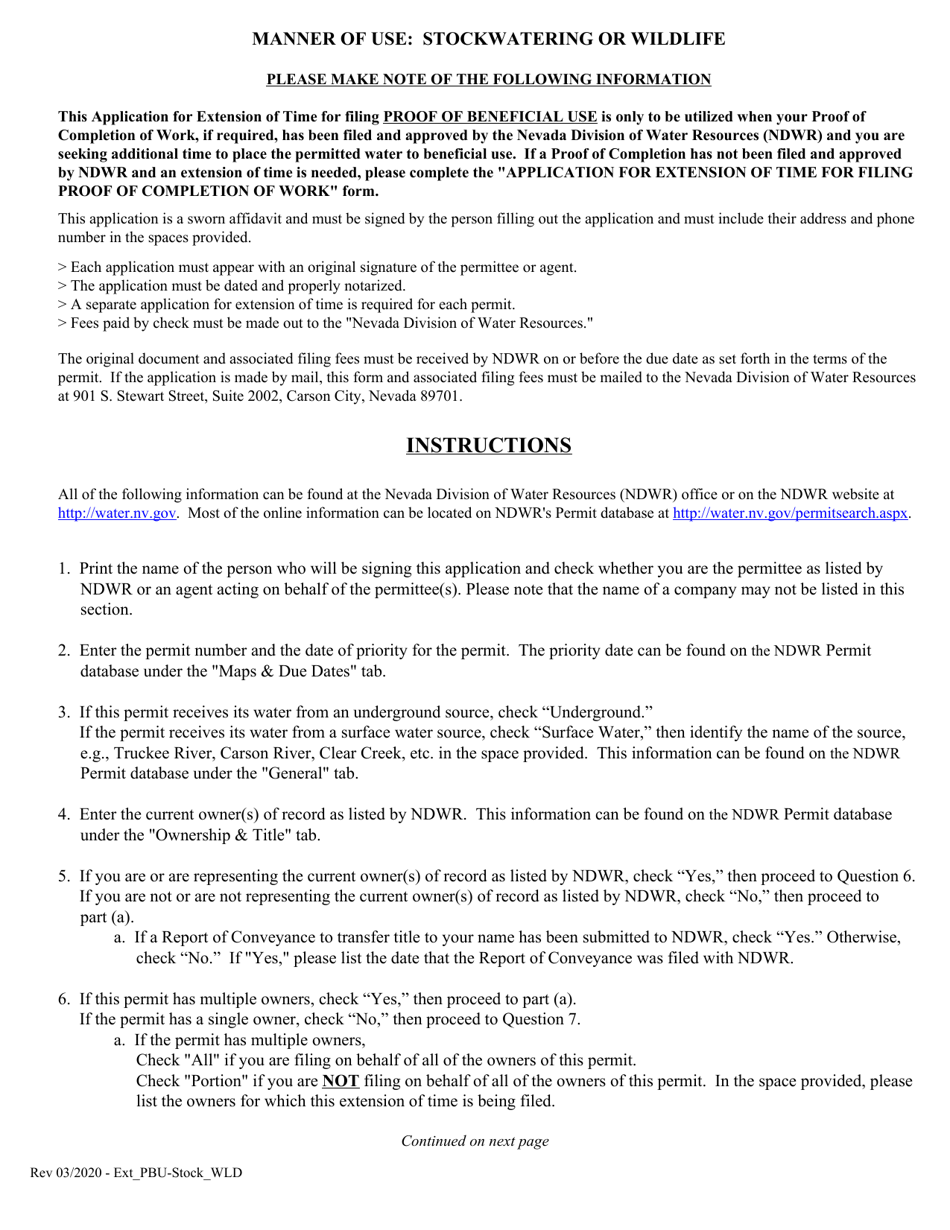 Application for Extension of Time for Filing Proof of Beneficial Use - Stockwatering or Wildlife - Nevada, Page 1