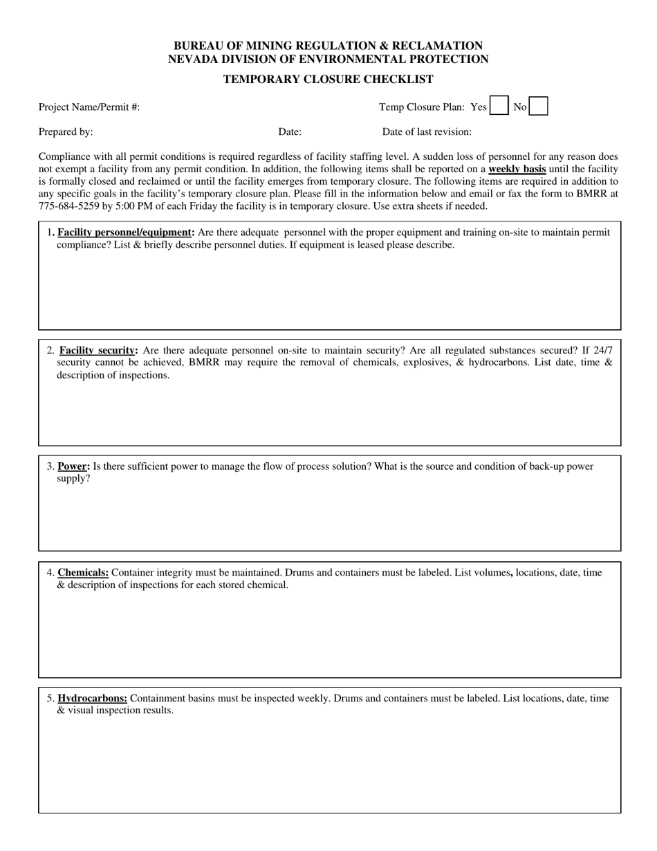 Temporary Closure Checklist - Nevada, Page 1
