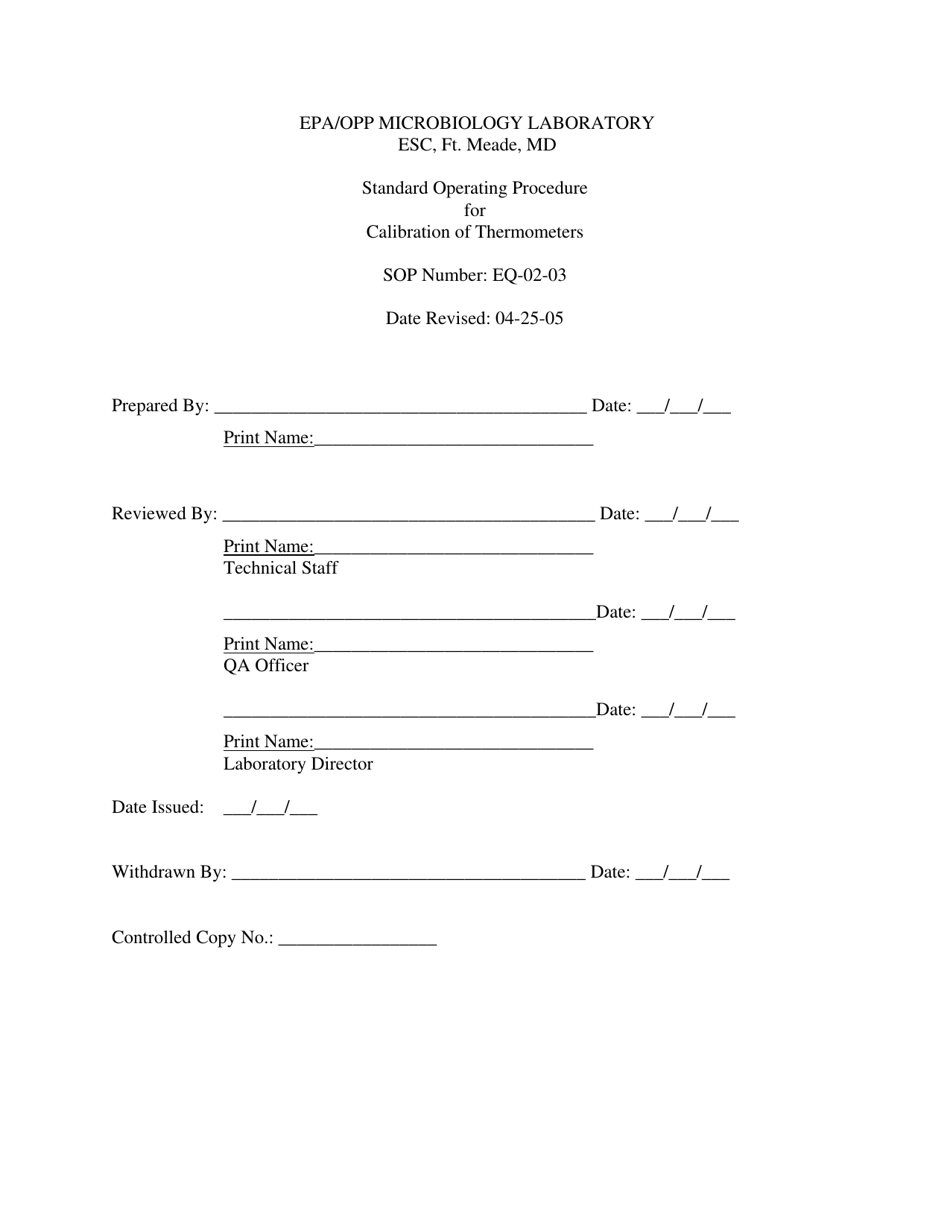 Standard Operating Procedure for Calibration of Thermometers - Sample - Nevada, Page 1