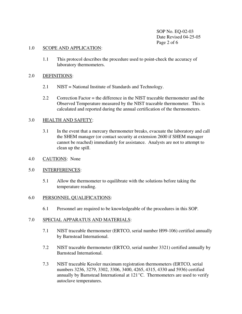 Nevada Standard Operating Procedure for Calibration of Thermometers