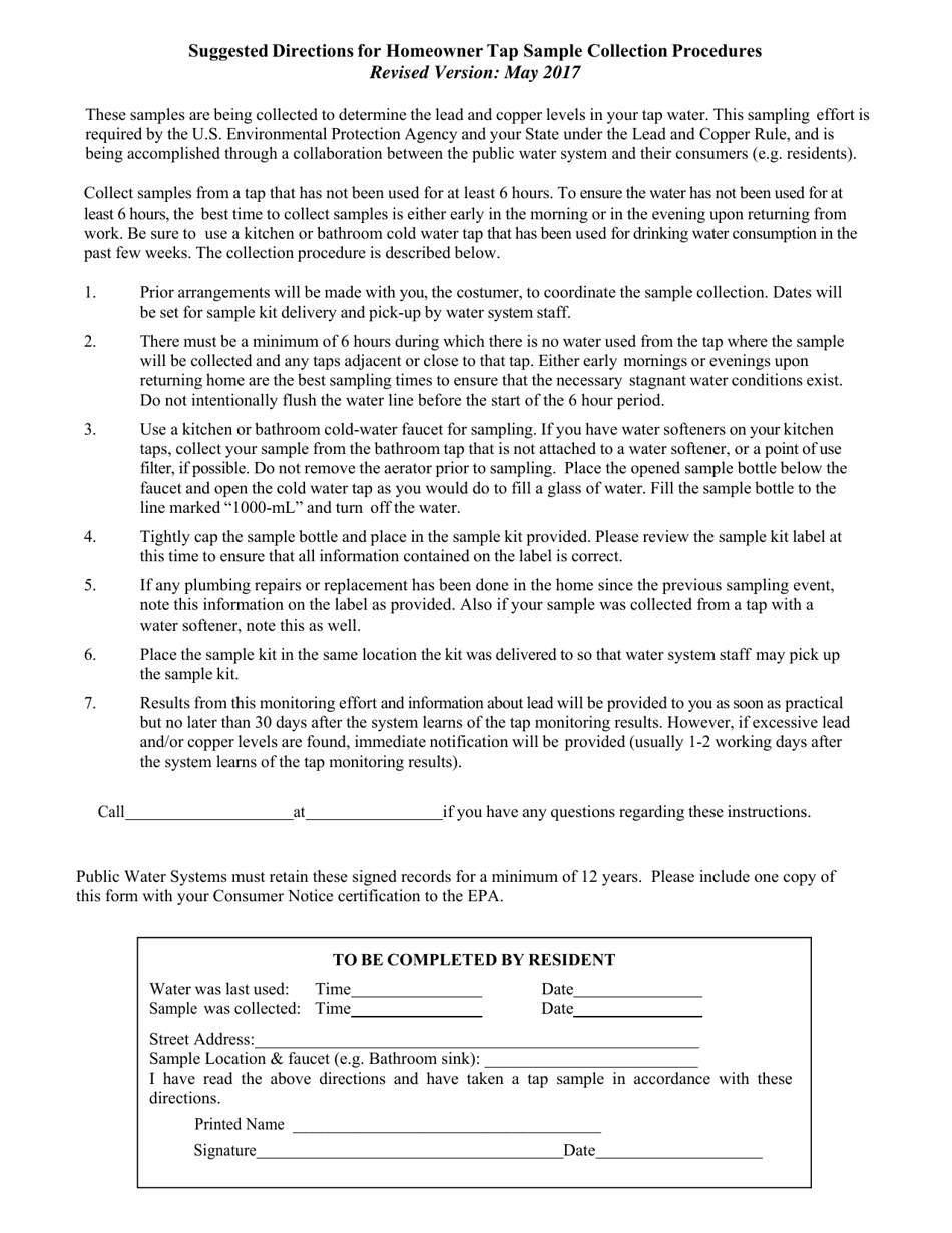 Suggested Directions for Homeowner Tap Sample Collection Procedures - Nevada, Page 1