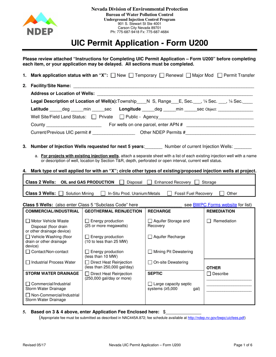 Form U200 Uic Permit Application - Nevada, Page 1