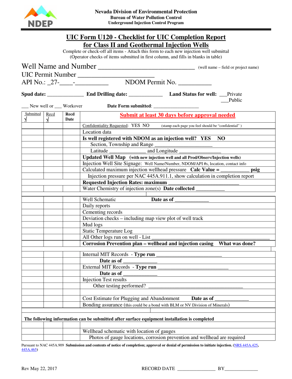 UIC Form U120 Checklist for Uic Completion Report for Class II and Geothermal Injection Wells - Nevada, Page 1