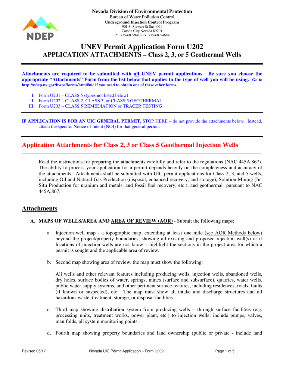 Form U202 Unev Permit Application - Class 2 Oil / Gas, Class 3 Solution Mining, or Class 5 Geothermal Well Attachments - Nevada, Page 1