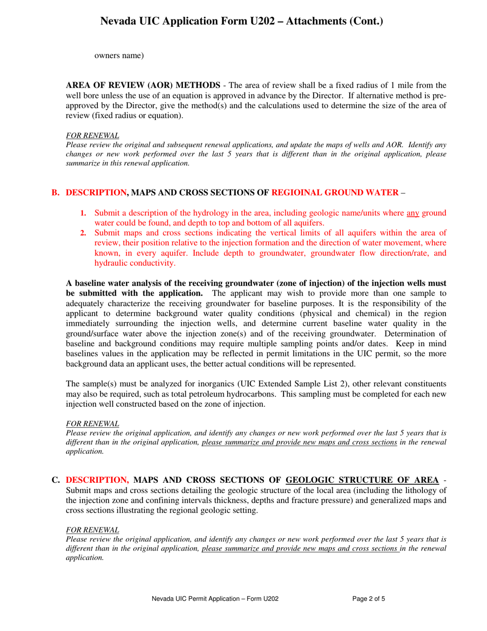 Form U202 Unev Permit Application - Class 2 Oil / Gas, Class 3 Solution Mining, or Class 5 Geothermal Well Attachments - Nevada, Page 2