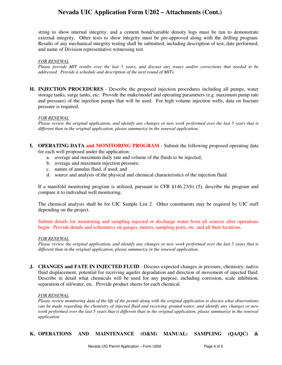 Form U202 Unev Permit Application - Class 2 Oil / Gas, Class 3 Solution Mining, or Class 5 Geothermal Well Attachments - Nevada, Page 4