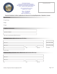 Document preview: Financial Institutions Uniform Application for Renewal of Licensing/Registration - Depository Licensee - Nevada