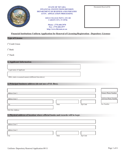 Financial Institutions Uniform Application for Renewal of Licensing / Registration - Depository Licensee - Nevada Download Pdf