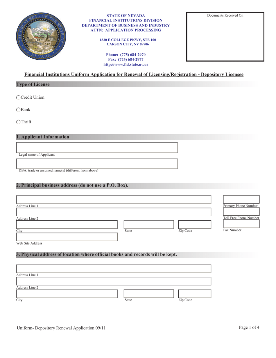 Financial Institutions Uniform Application for Renewal of Licensing / Registration - Depository Licensee - Nevada, Page 1