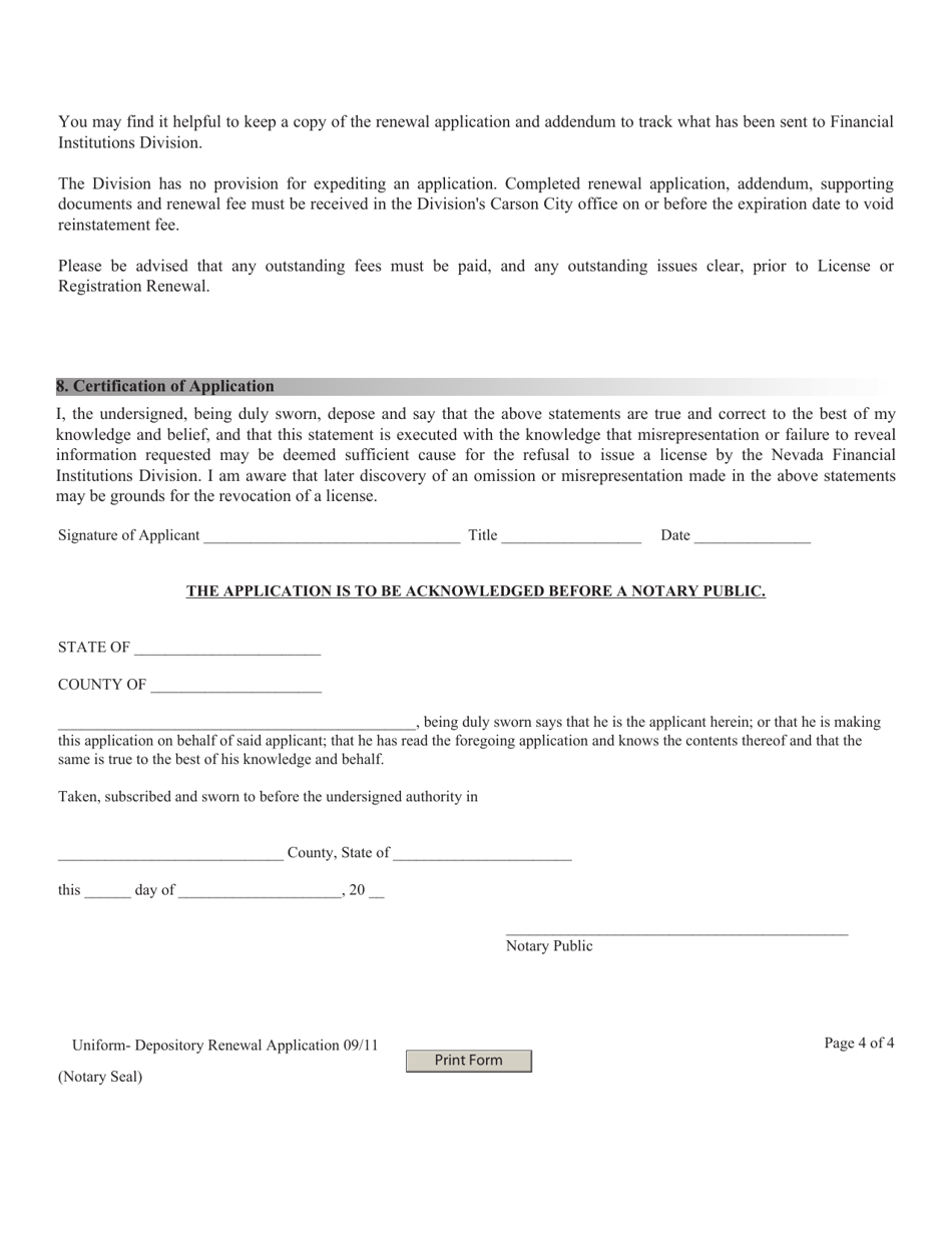 Financial Institutions Uniform Application for Renewal of Licensing / Registration - Depository Licensee - Nevada, Page 4