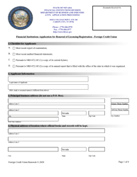 Document preview: Financial Institutions Application for Renewal of Licensing/Registration - Foreign Credit Union - Nevada