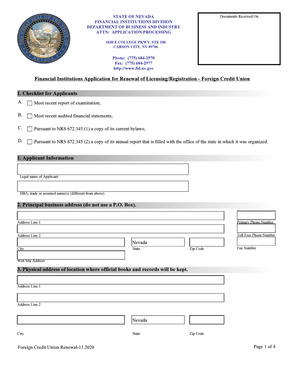 Financial Institutions Application for Renewal of Licensing / Registration - Foreign Credit Union - Nevada, Page 1